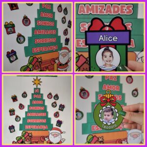 Painel árvore de Natal com moldura de bolinha e caixinha para fotos